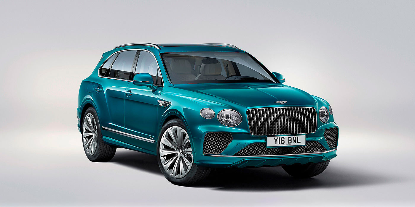 Bentley Chengdu - Gaoxin Bentley Bentayga Azure front three-quarter view, featuring a fluted chrome grille with a matrix lower grille and chrome accents in Topaz blue paint.