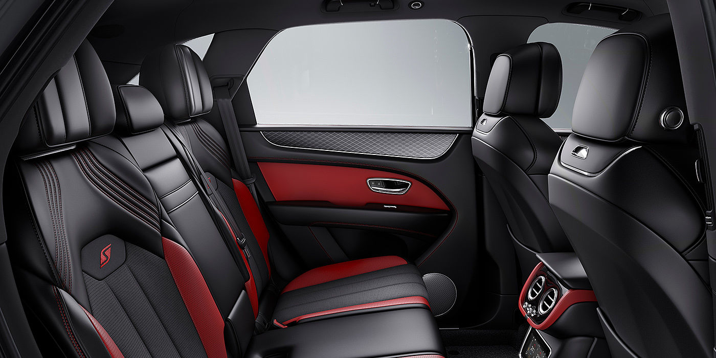 Bentley Chengdu - Gaoxin Bentey Bentayga S interior view for rear passengers with Beluga black and Hotspur red coloured hide.