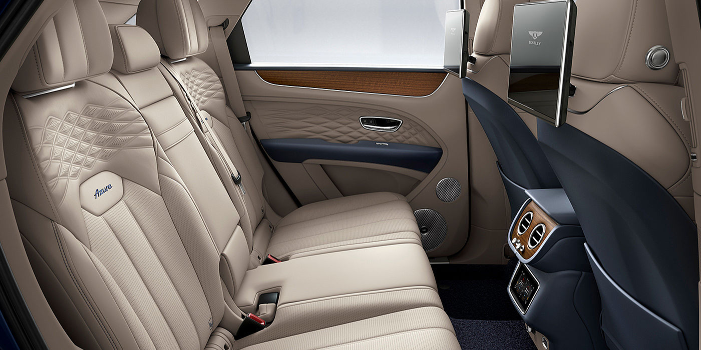 Bentley Chengdu - Gaoxin Bentey Bentayga Azure interior view for rear passengers with Portland hide and Rear Seat Entertainment. 